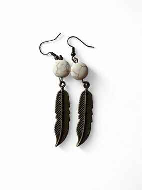 Handmade Boho Feather Dangle Earrings White Howlite Bronze Fishhook | NWT